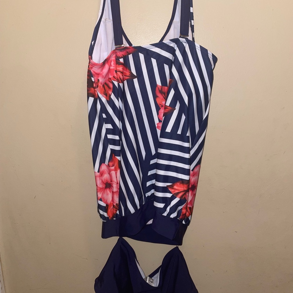 Navy and White Striped One Piece with Floral Design